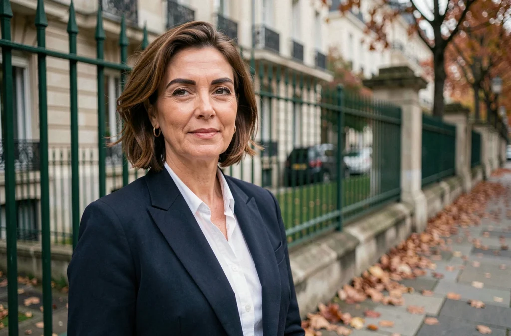 Femme mature aux sourcils naturels assumés portant un blazer marine dans une rue parisienne en automne, look éditorial beauté