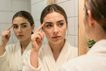 Jeune femme aux sourcils naturels et touffus se regardant dans un miroir de salle de bain lors de sa routine beauté matinale
