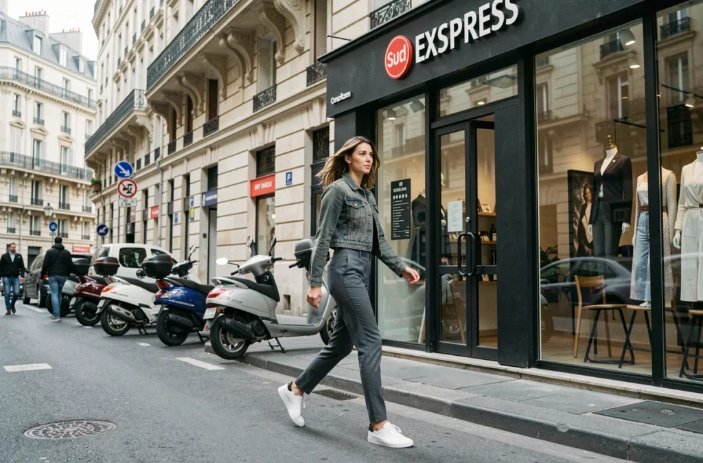 Femme dynamique en tenue urbaine contemporaine marchant devant une boutique Sud Express dans une rue animée de la région PACA