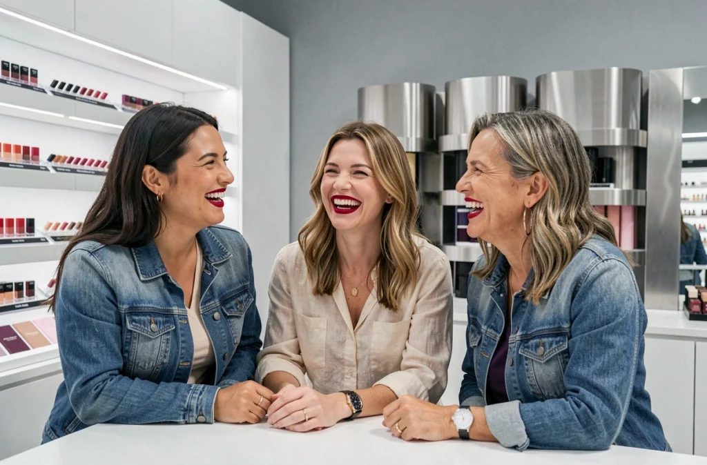 Trois femmes portant des rouges à lèvres mats de différentes teintes dans une boutique de cosmétiques moderne