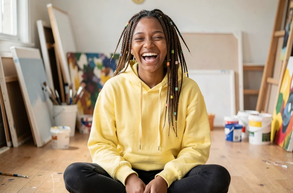 Adolescente arborant des tresses Fulani avec perles et fils colorés dans un studio d'art, coiffure tressée africaine