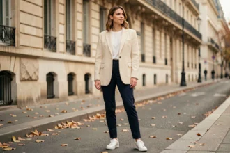 Femme portant un blazer oversize crème associé à un pantalon slim taille haute marine, look équilibré entre pièces amples et près du corps dans une rue parisienne en automne