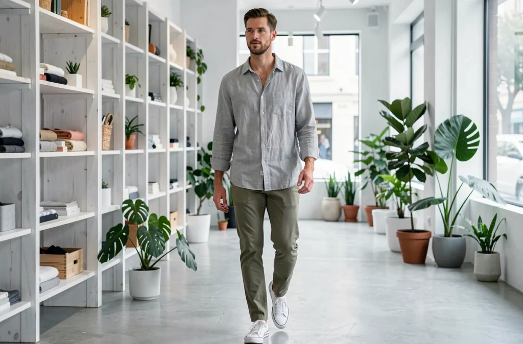 Homme portant une chemise oversize en lin gris clair sur un chino slim olive, association pièce ample et coupe ajustée pour un look masculin équilibré et moderne