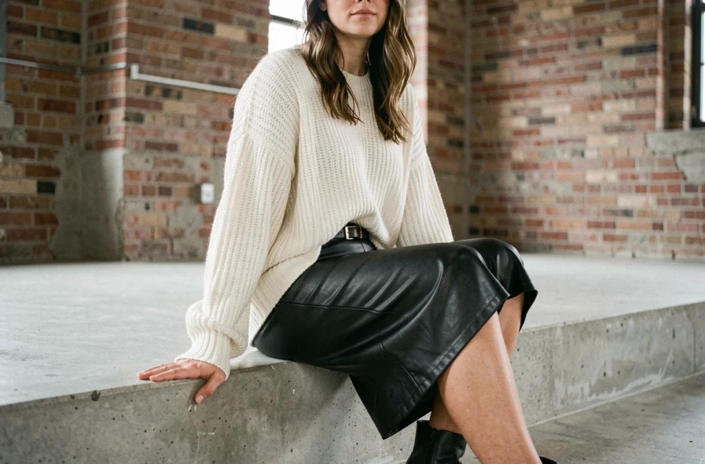 Femme en pull oversize en maille épaisse rentré dans une jupe mi-longue en cuir noir près du corps, association de volumes contrastés dans un loft industriel minimaliste